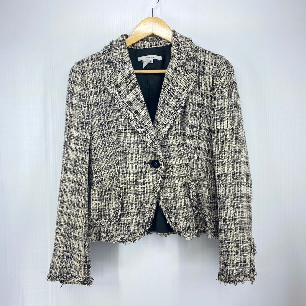 Zara Basic Black White Tweed Flax Linen Blend Cropped Blazer Raw Hem Womens 6